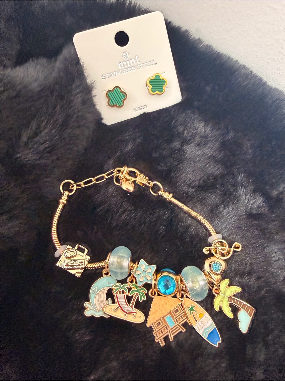 Mint Gold-Tone Beach Charm Bracelet with Turquoise and Green Accents